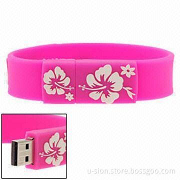 Silicone Bracelet USB Flash Drive with 125MB to 32GB Memory Capacity, Customized Logo